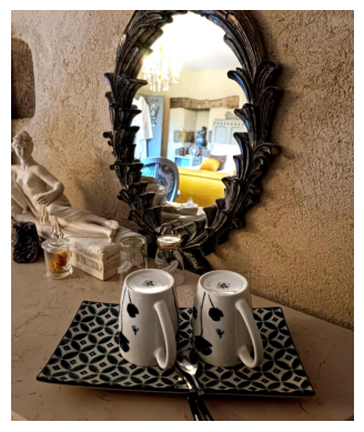 Plateau de café avec tasses dans une chambre d’hôtes de charme au Manoir de Kerlédan à Carhaix, Bretagne intérieure